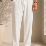 Men’s linen white drawstring pants with relaxed straight leg and elastic waist