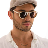 Men's mink flat cap Ritag, taupe color with side eyelet detail and curved brim
