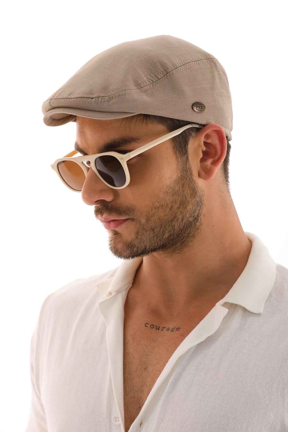 Men's mink flat cap Ritag in taupe with front seam and side metal button
