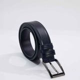 Men's leather belt, dark navy strap with silver rectangular buckle and belt loops