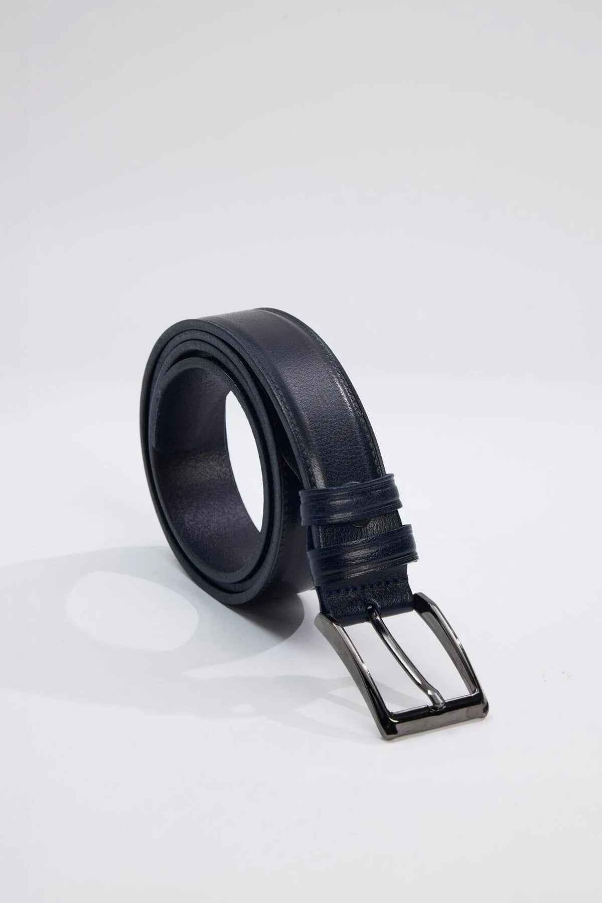 Men's leather belt, dark navy strap with silver rectangular buckle and belt loops