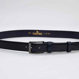Men's leather belt with navy strap, TUDORS text, and silver rectangular buckle