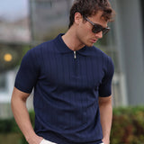 Men's navy knit half-zip polo shirt, short sleeves, ribbed collar, vertical stripes