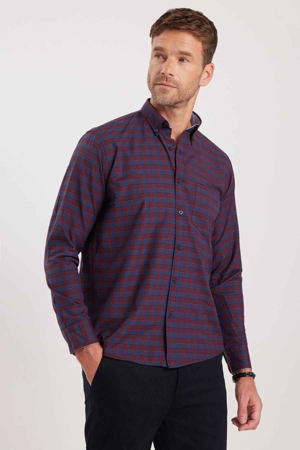 Men's plaid button-up shirt in dark navy with rust-orange check pattern