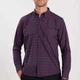Men's plaid button-up shirt in dark navy with rust-orange check pattern; long sleeves