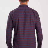 Men's plaid button-up shirt back view in dark navy with rust-orange check pattern