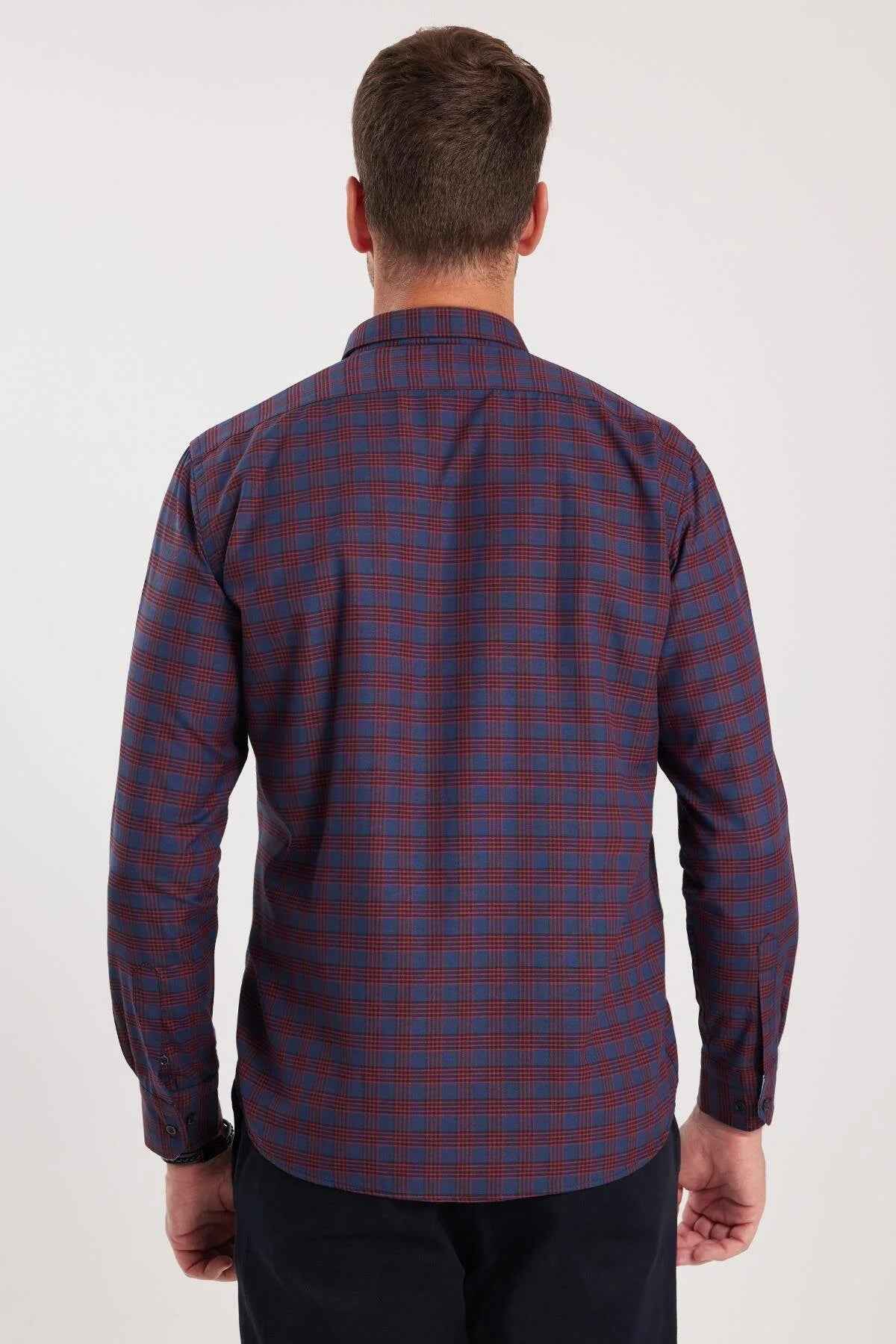 Men's plaid button-up shirt back view in dark navy with rust-orange check pattern