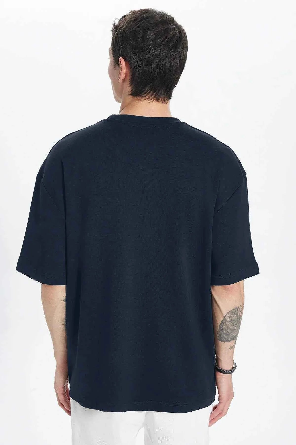Men's oversized navy crew-neck T-shirt, back view, short sleeves