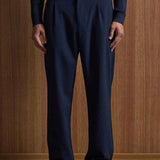 Navy suit trousers with belt loops and straight legs