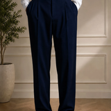 Men's navy blue pleated dress pants with belt loops, Montivo
