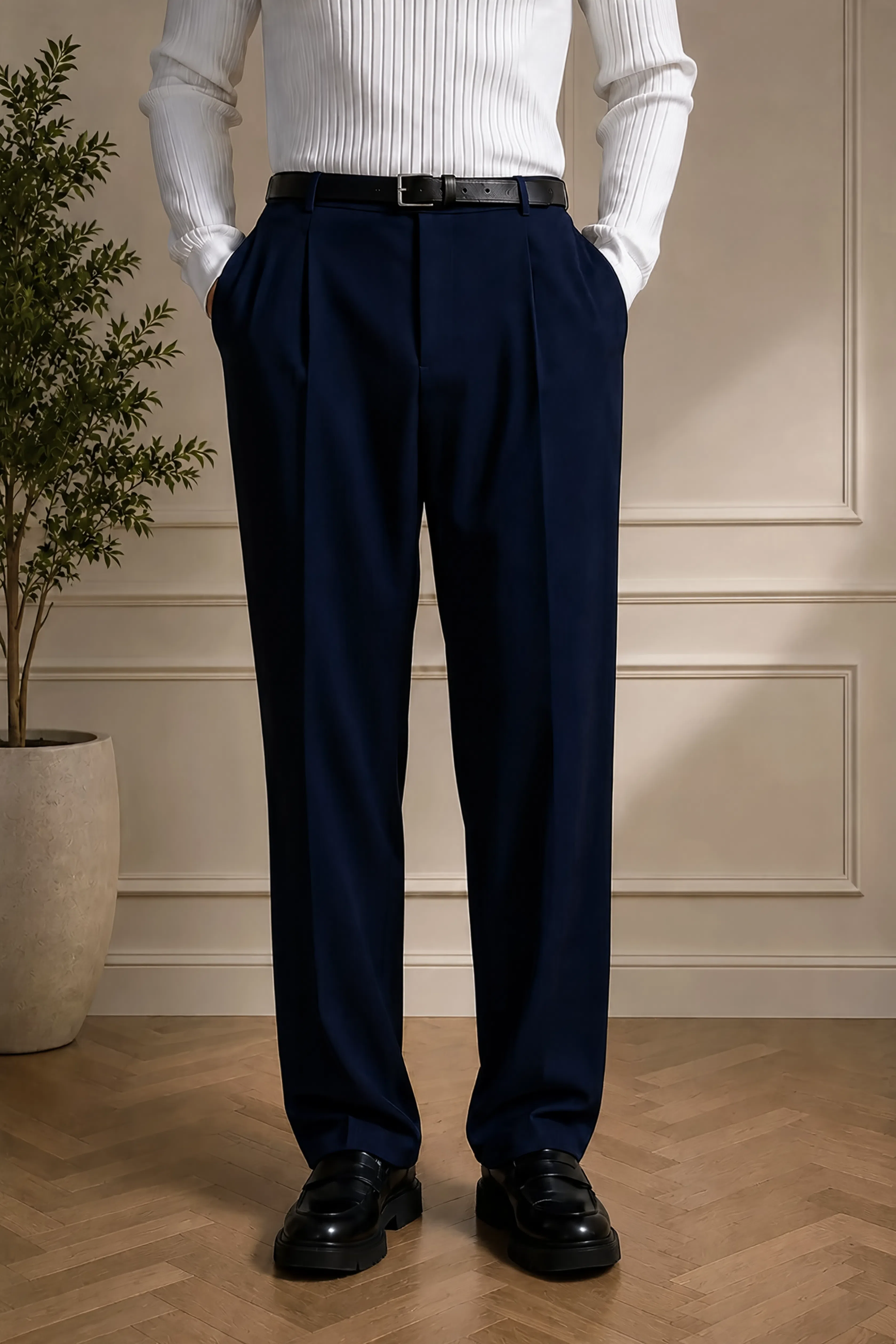 Men's navy blue pleated dress pants with belt loops, Montivo