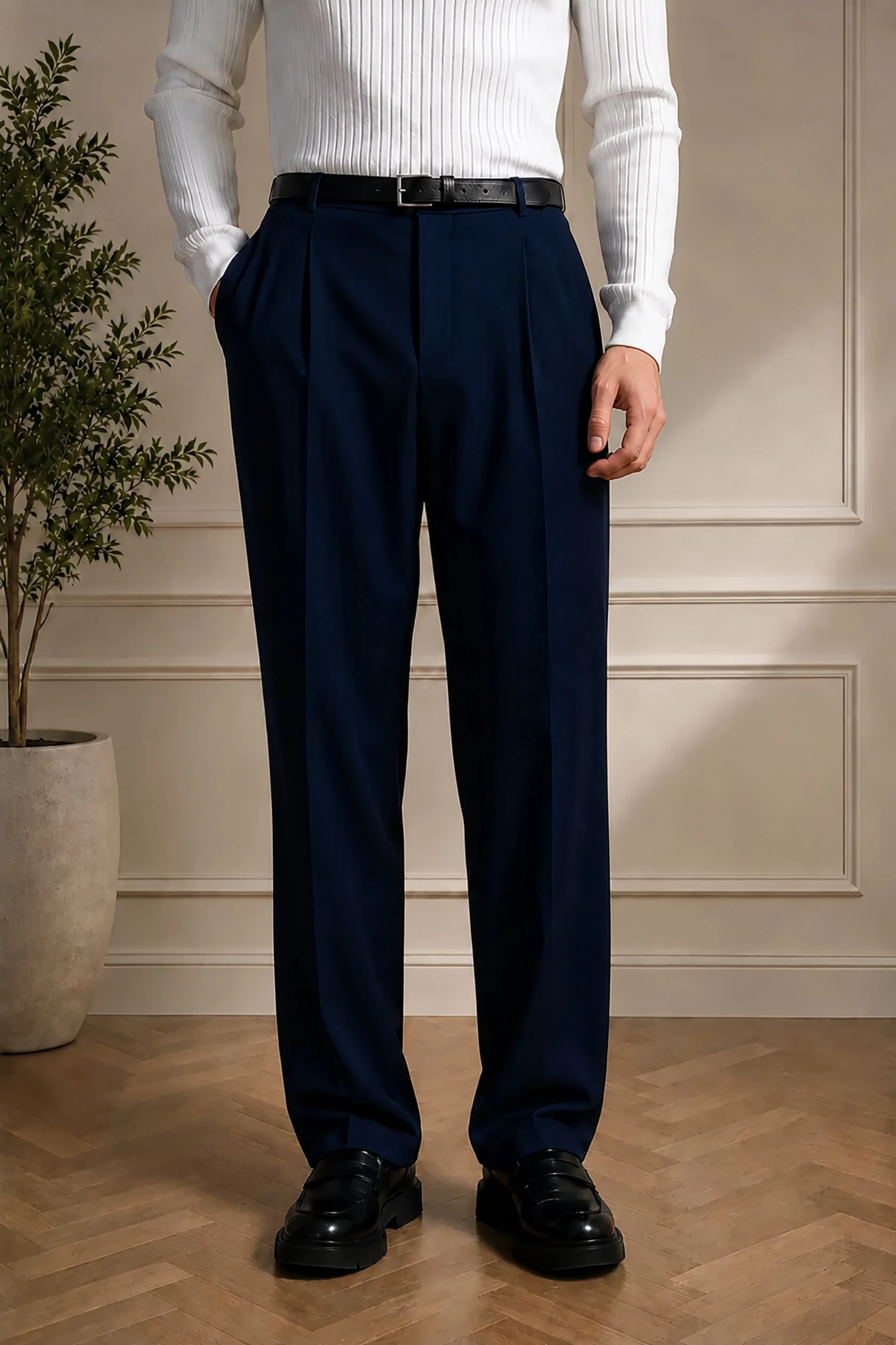 Men's navy blue pleated dress pants, front view, with belt loops, Montivo