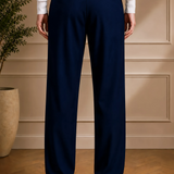 Men's navy blue dress pants with belt loops, zip fly, and straight-leg fit