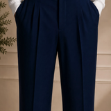 Men's navy blue pleated dress pants with crease, belt, Montivo