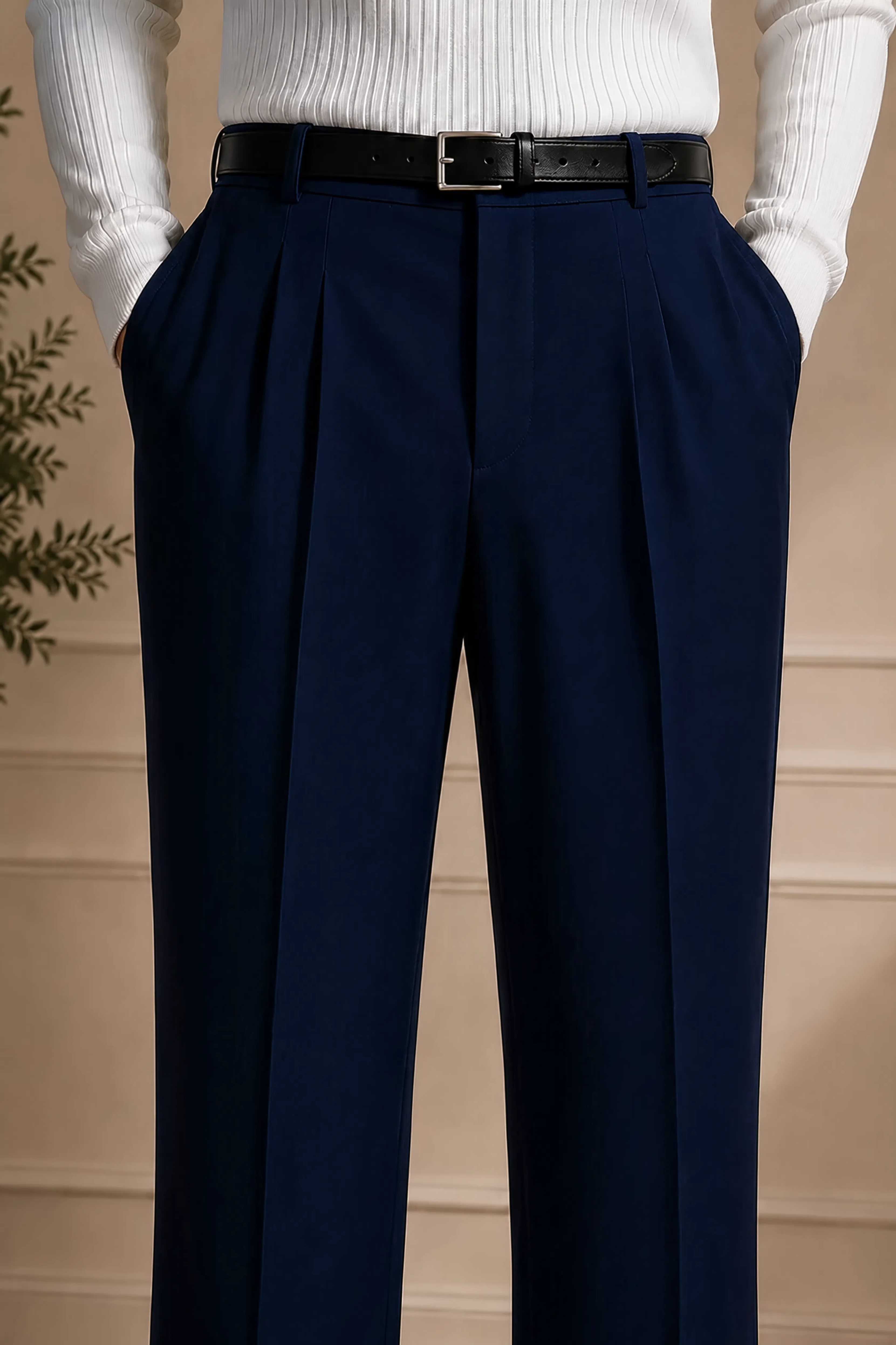 Men's navy blue pleated dress pants with crease, belt, Montivo