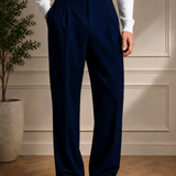 Men's navy blue straight-leg pleated dress pants with belt loops, Montivo