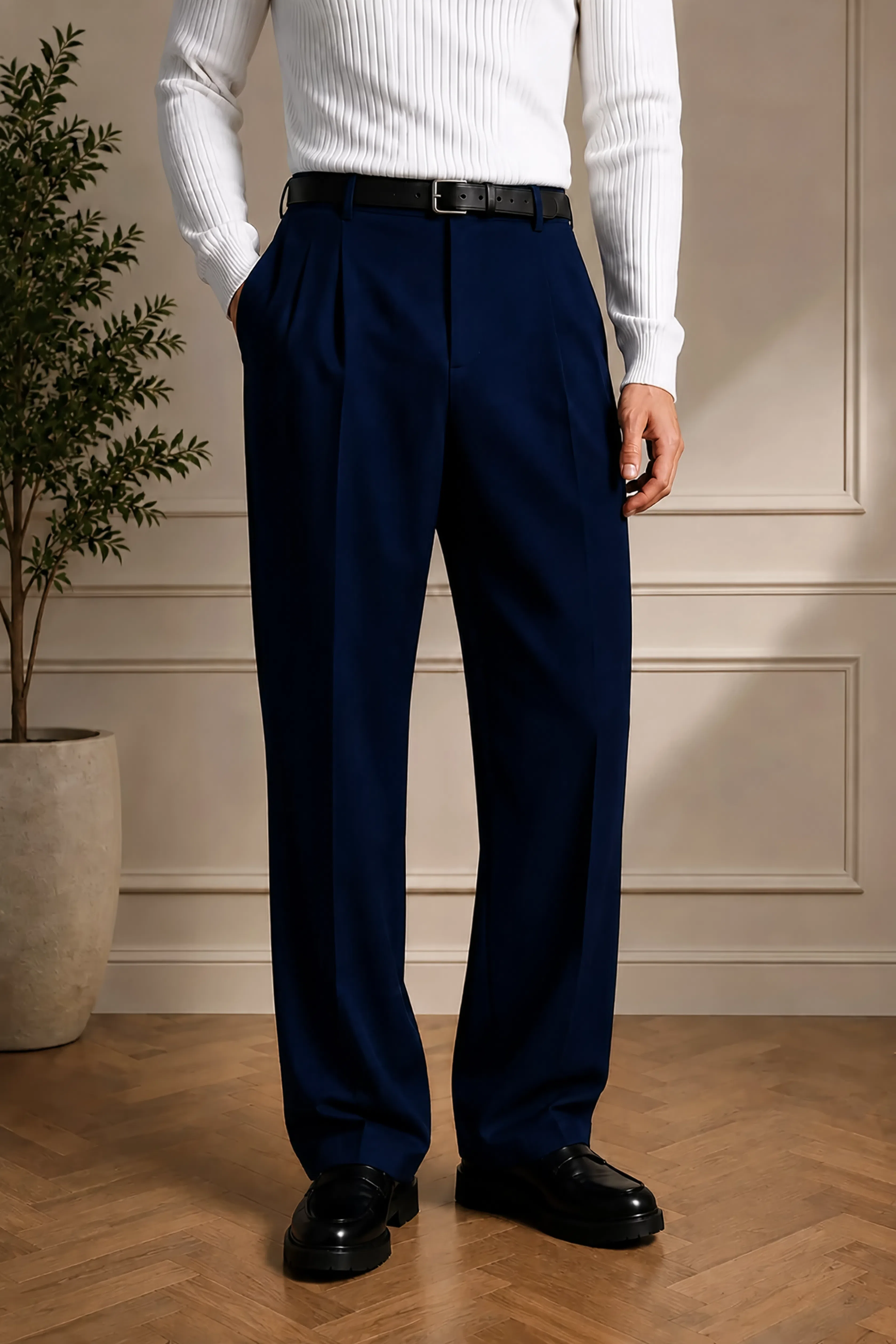 Men's navy blue straight-leg pleated dress pants with belt loops, Montivo