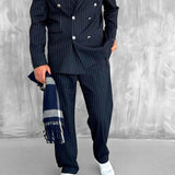 Men's Navy Blue Pinstripe Oversized Suit - 0003