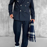 Men's Navy Blue Pinstripe Oversized Suit - 0003