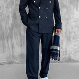 Men's Navy Blue Pinstripe Oversized Suit - 0003