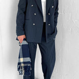 Men's Navy Blue Pinstripe Oversized Suit - 0003