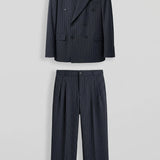 Men's Navy Blue Pinstripe Oversized Suit - 0004
