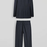 Men's Navy Blue Pinstripe Oversized Suit - 0004