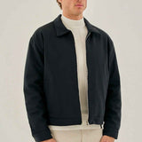 Men's dark blue zip-front jacket, stand collar, ribbed hem and cuffs