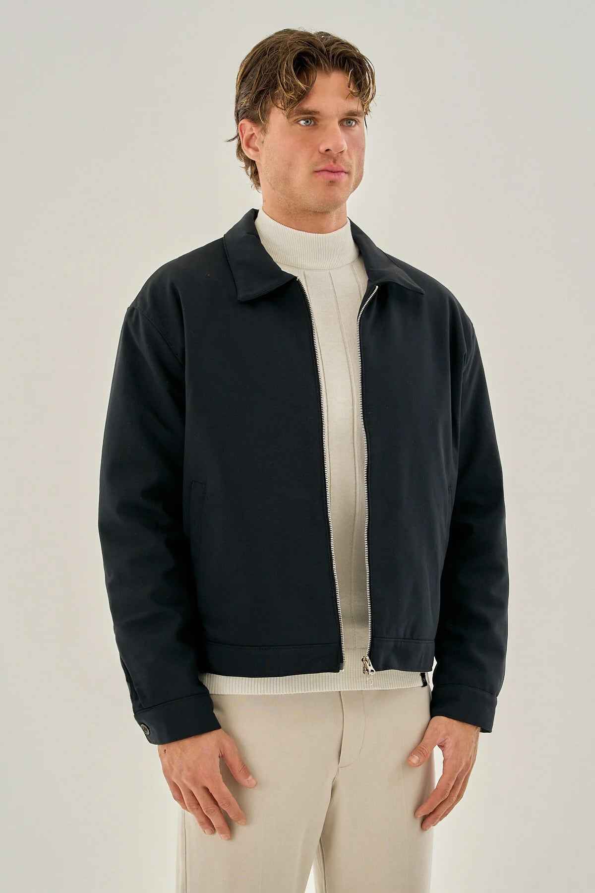 Men's dark blue zip-front jacket, stand collar, ribbed hem and cuffs