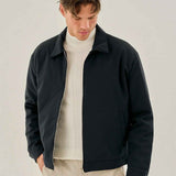 Men's dark blue zip-front jacket with stand collar and long sleeves