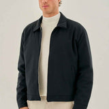 Men's dark blue zip-front jacket with stand collar and front zip