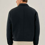 Men's dark blue back of zip-front jacket with stand collar and ribbed hem