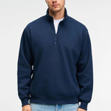 Navy blue relaxed-fit zip stand-collar sweatshirt with half-zip placket