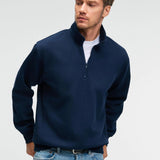 Navy blue relaxed-fit zip stand-collar sweatshirt with long sleeves and ribbed hem