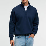 Navy blue zip stand-collar sweatshirt, relaxed fit, full-length sleeves