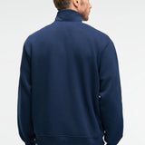 Navy blue relaxed-fit sweatshirt with stand collar and zippered front, back view
