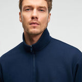 Navy blue zip stand-collar sweatshirt with close-up of half-zip and collar