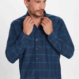 Men's navy plaid button-up shirt, long sleeves, button front