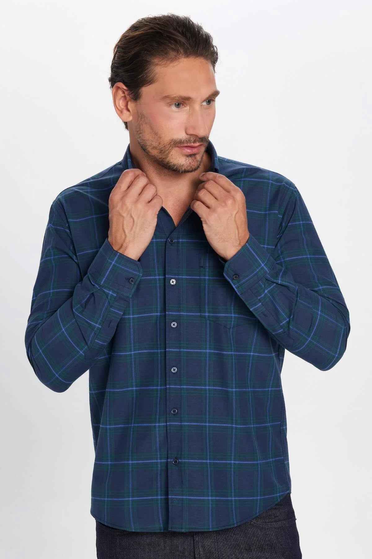 Men's navy plaid button-up shirt, long sleeves, button front