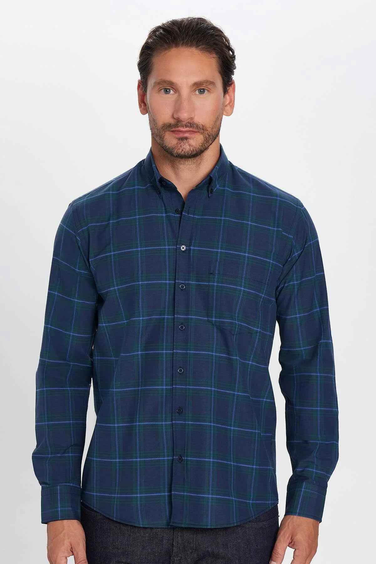 Men's navy plaid button-up shirt with front buttons and long sleeves