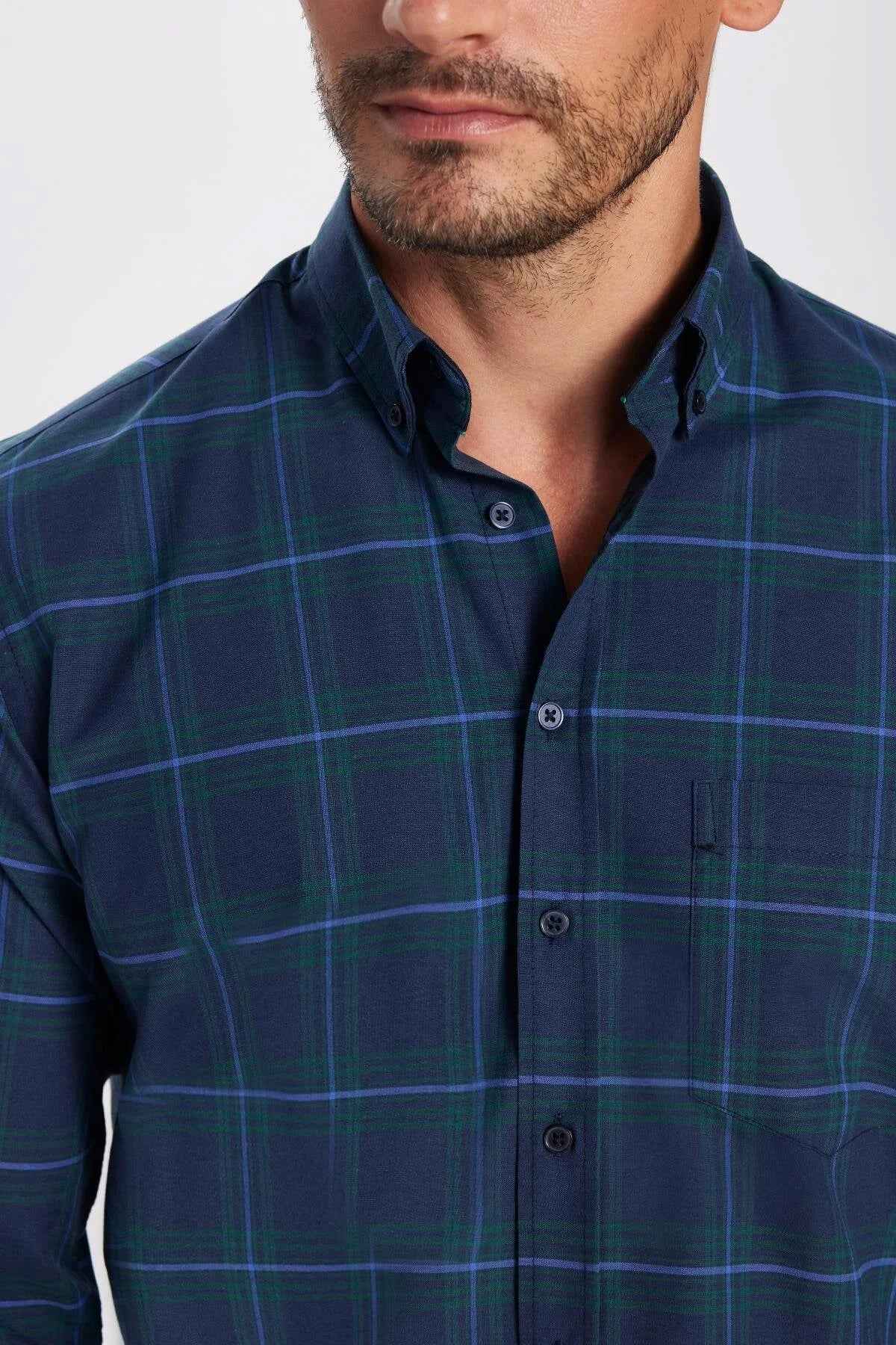 Men's navy plaid button-up shirt close-up of collar and button placket