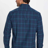 Men's navy plaid button-up shirt back view, long sleeves