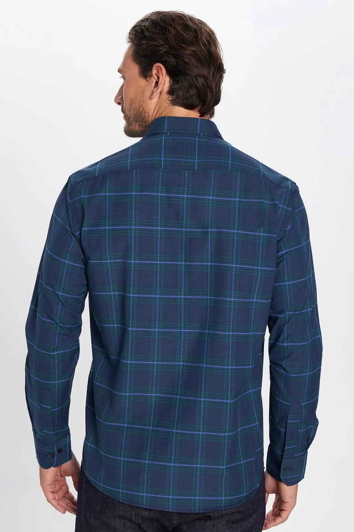 Men's navy plaid button-up shirt back view, long sleeves