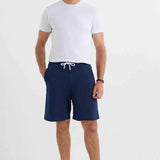 Men's navy blue casual shorts with drawstring waist and side pockets