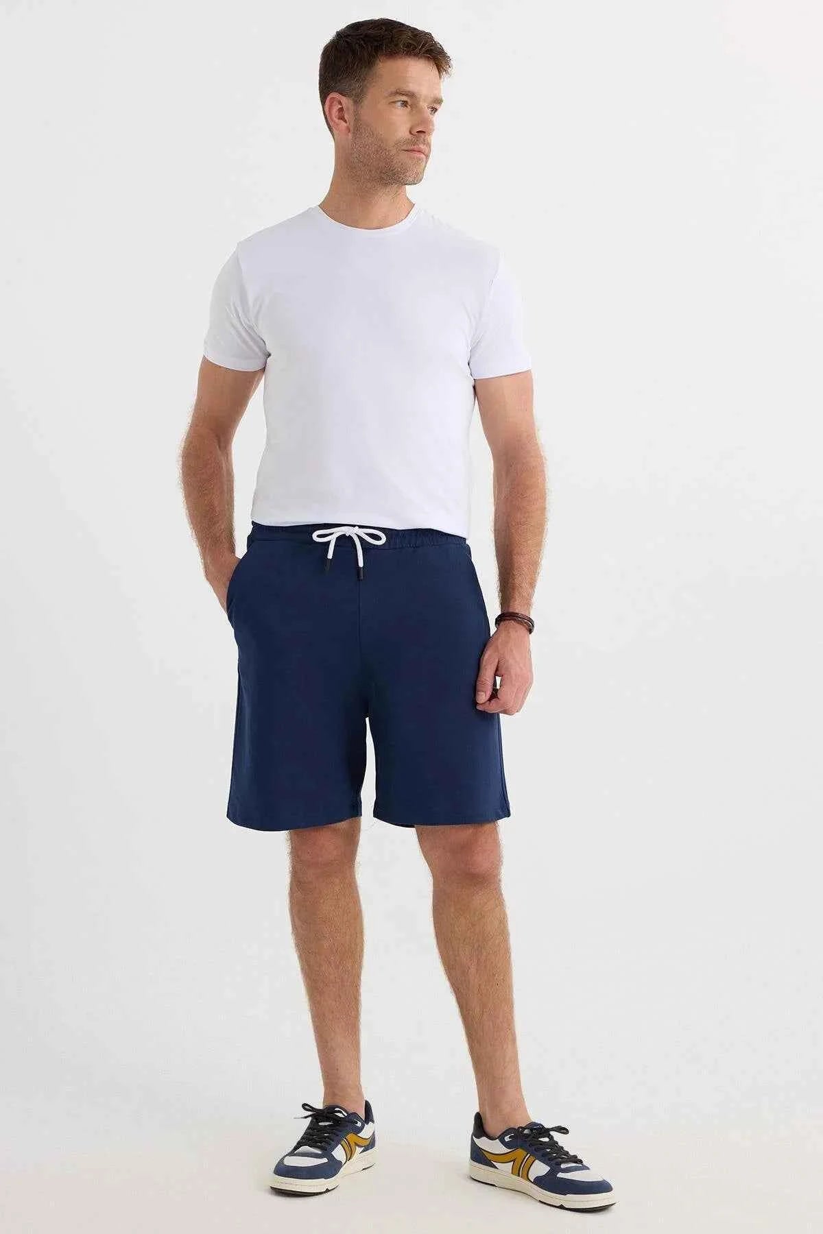 Men's navy blue casual shorts with drawstring waist and side pockets
