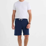 Men's navy blue drawstring shorts with front pockets and straight hem