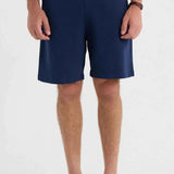 Men's navy blue knee-length shorts with drawstring waist and side pockets