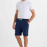 Men's navy blue drawstring shorts, knee-length with side seam pockets
