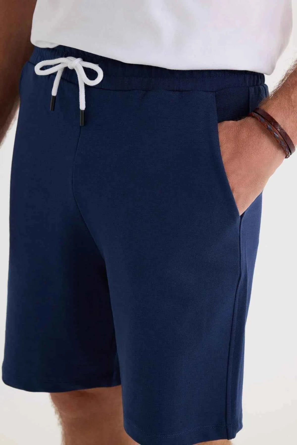 Men's TDRS navy blue shorts with white drawstring and side pockets
