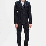Men's navy pinstripe suit with double-breasted jacket and matching trousers